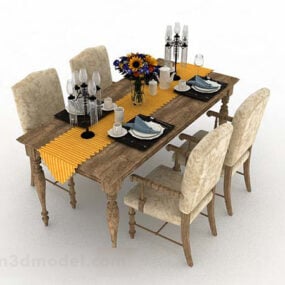 میز و صندلی ناهارخوری چوبی اروپایی مدل سه بعدی