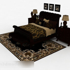 European Wood Brown Double Bed Furniture 3d model