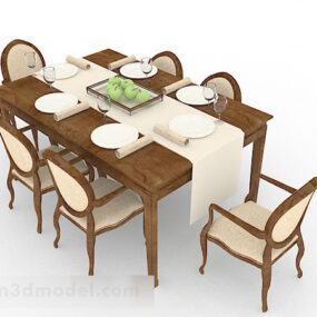 3д модель европейского деревянного обеденного стола, стола и стула