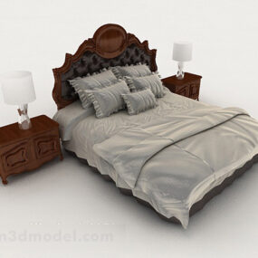 European Wooden Grey Double Bed 3d model