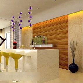 3д модель интерьера модной гостиной, барной стойки, декора