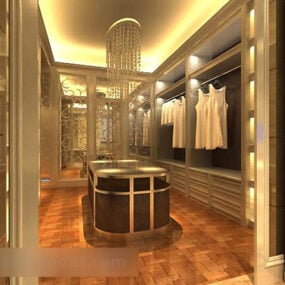 Modello 3d interno dello showroom di abbigliamento con illuminazione calda