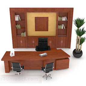 שולחן עבודה וכיסא מעץ בצבע חום דגם תלת מימד