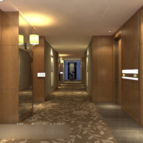 מסדרון מלון עם עיטור קיר עץ דגם תלת מימד