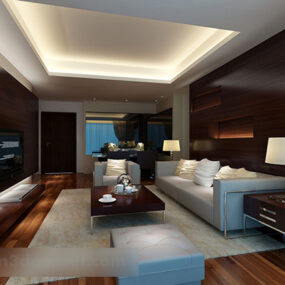 غرفة معيشة مع أريكة واسعة داخلية نموذج ثلاثي الأبعاد