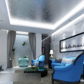 نموذج ثلاثي الأبعاد لغرفة المعيشة باللون الأزرق للأريكة الداخلية