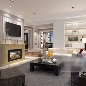 3D model interiéru obývacího pokoje krb