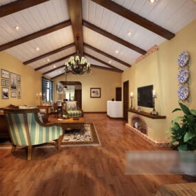 Living Room Wooden Ceiling Interior 3d model