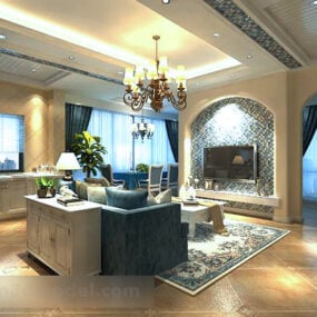 Mediterranes Wohnzimmer-TV-Wand-Innenraum-3D-Modell
