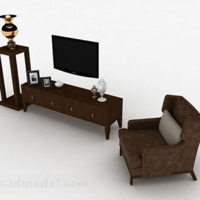 3D-Modell eines kombinierten TV-Schranks aus braunem Holz