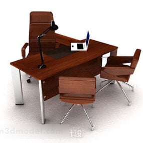 Modern Brown Wooden Desk And Chair 3d model