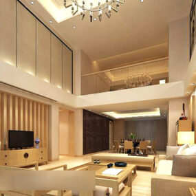 Modello 3d di interior design moderno del soggiorno duplex