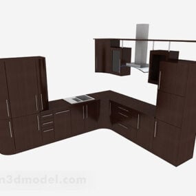 مدل سه بعدی آشپزخانه L شکل مدرن قهوه ای تیره