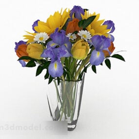 Jarrón de interior con planta de flores multicolor modelo 3d