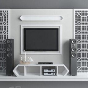 Modelo 3D do interior do design da parede da TV com decoração chinesa