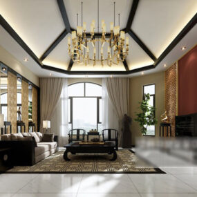 Chinese Style Living Room Curtains Interior 3d model