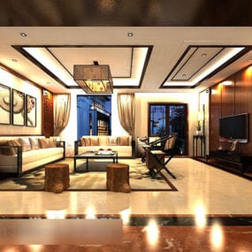 Nouveau modèle 3D d'intérieur de canapé de salon de style chinois