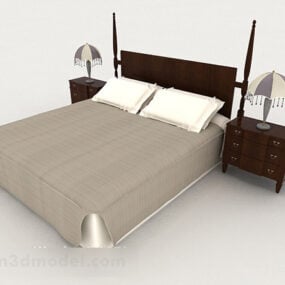 Modelo 3d de cama de casal simples de madeira maciça estilo chinês