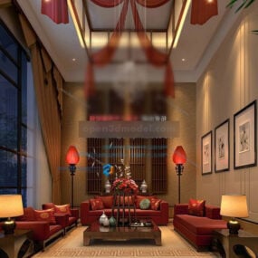 Interior de sala de estar de villa china clásica modelo 3d