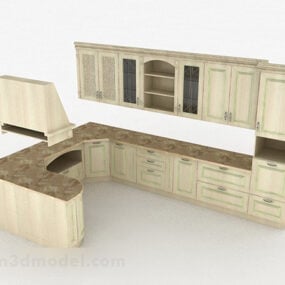 नॉर्डिक बेज एल-आकार का किचन कैबिनेट 3डी मॉडल
