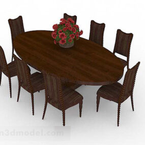 Oval Brown Wooden Dining Table Chair 3d model