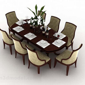 Mesa de jantar oval de madeira e design de cadeira modelo 3D