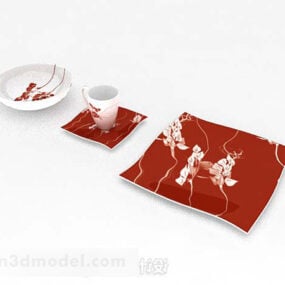 赤い模様の食器3Dモデル