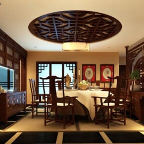 Modelo 3D do interior do restaurante em estilo de madeira