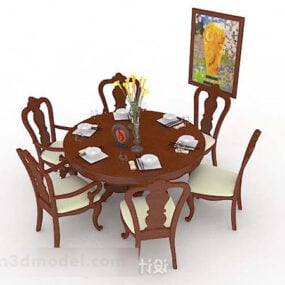 Круглий стіл Стілець коричневе дерево 3d модель