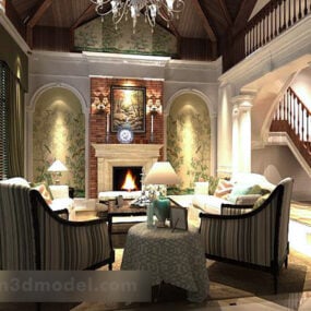 Rustic Living Room Shaped Ceiling Interior 3d model
