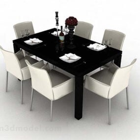 ชุดตกแต่งเก้าอี้โต๊ะรับประทานอาหารสีขาวดำแบบจำลอง 3 มิติ
