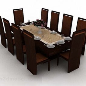 Simple Brown Wooden Dining Table And Chair 3d model
