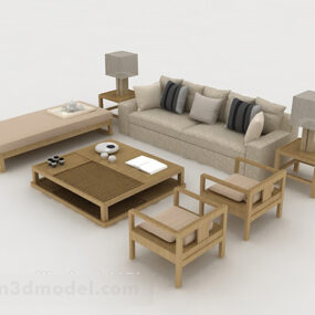 Simple Wood Beige Sofa 3d model
