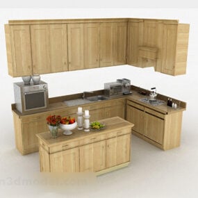 シンプルな木製L字型キッチンキャビネット3Dモデル
