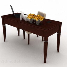 Bureau rectangulaire en bois avec vaisselle modèle 3D