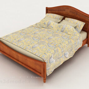 Simple Wooden Home Yellow Double Bed 3d model