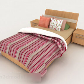 Simple Wooden Red Striped Double Bed 3d model