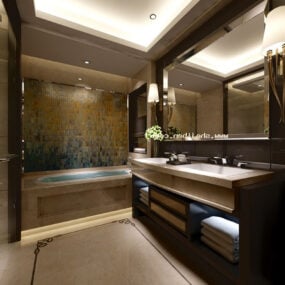 Modello 3d interno della toilette dell'hotel in stile vetro