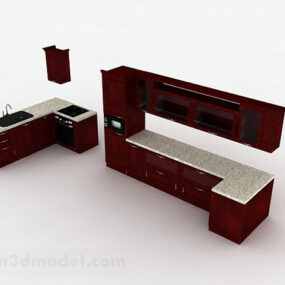 U Shaped Brown Red Design Kitchen Cabinet 3d model