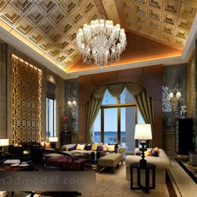 3д модель интерьера гостиной роскошной хрустальной лампы на вилле