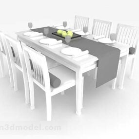 सफेद डाइनिंग टेबल और कुर्सी सेट 3डी मॉडल