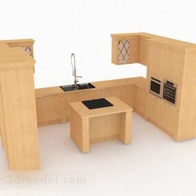 Gabinete de cocina de madera en forma de U con isla modelo 3d