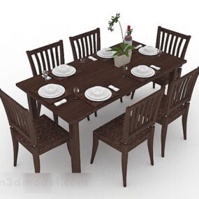 Wooden Brown Dining Table And Chair Combination 3d model