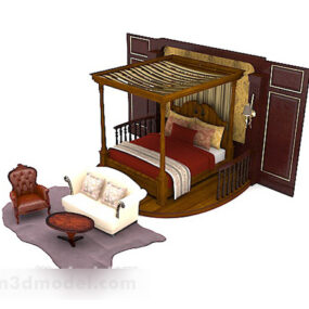 Wooden Brown Home Double Bed 3d model