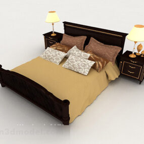 Wooden Home Yellow Brown Double Bed 3d model