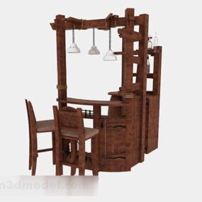 Bộ bàn ghế quầy bar đơn giản bằng gỗ mẫu 3d