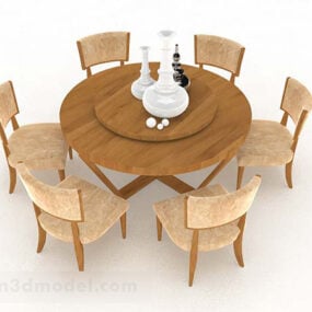 Brown Round Dining Table And Chair 3d model