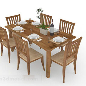 Yellow Brown Wooden Dining Table And Chair Combination 3d model