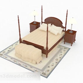 Yellow Wooden Double Bed 3d model