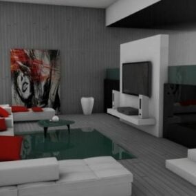 Mô hình 3d phòng khách màu xám hiện đại